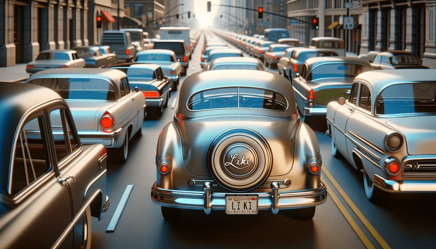 DALL·E 2023-11-17 11.01.45 - A photorealistic image of a 1950s traffic jam in the United States, showing cars facing the same direction. Focus on a car with a clearly visible 'Lik.png