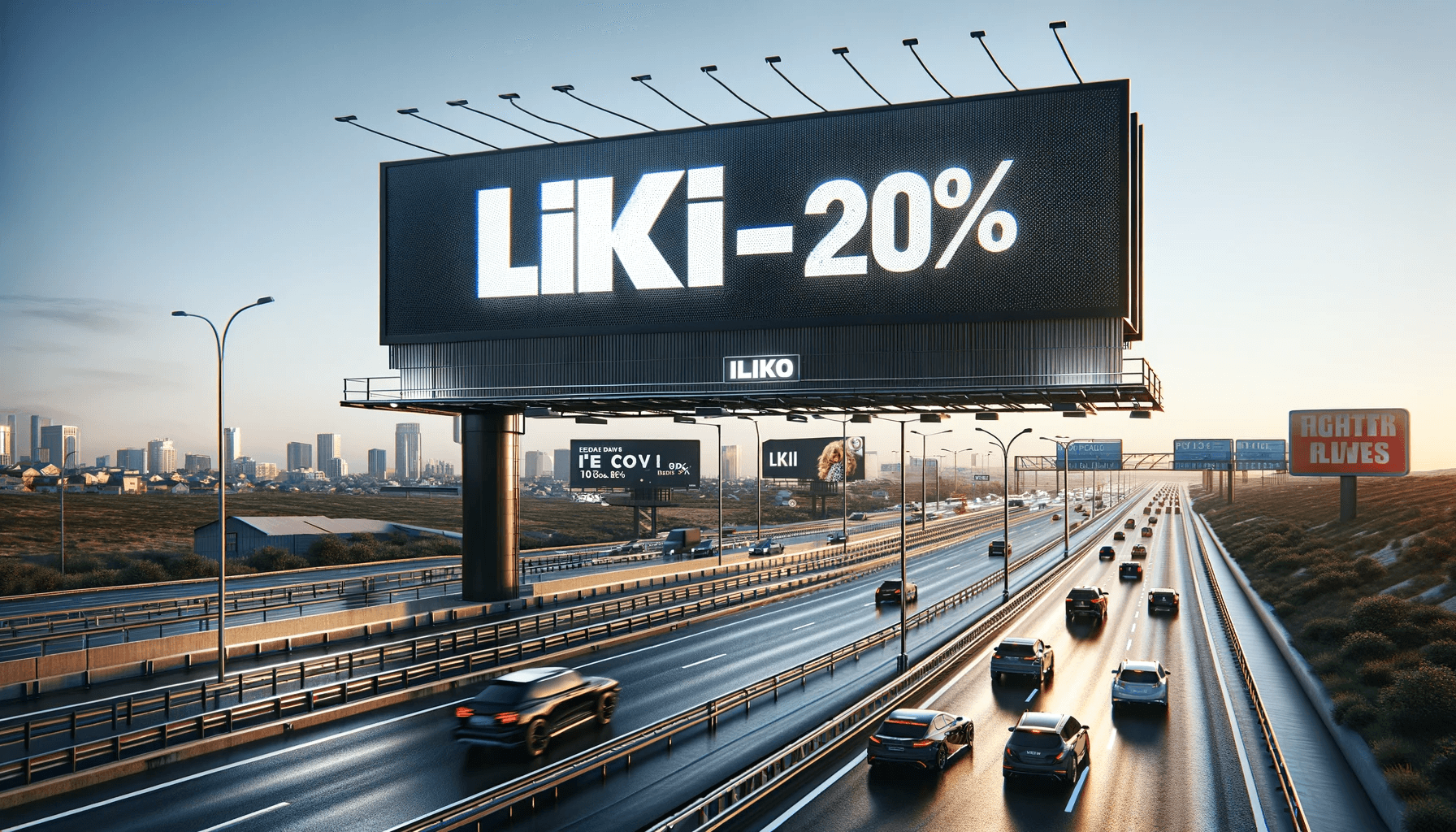 DALL·E 2023-11-17 11.12.43 - A photorealistic billboard on a busy modern highway in the United States, prominently displaying an advertisement for 'LIKI -20%'. The billboard shoul.png