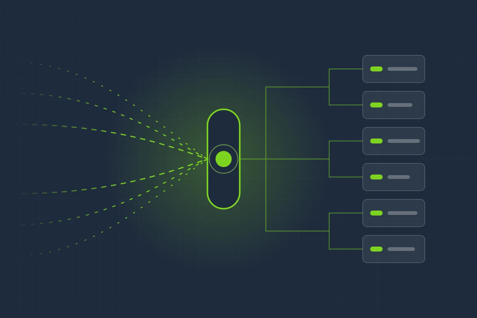 Diagram: scattered inputs converge into a single decision point, from which structured, accountable outputs branch out